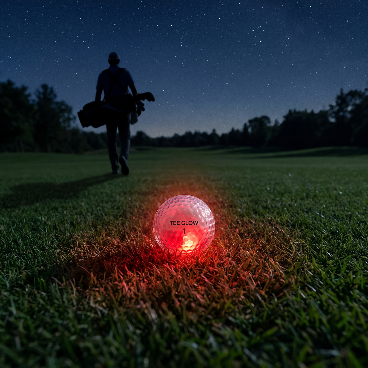 Glowing red golf ball at night