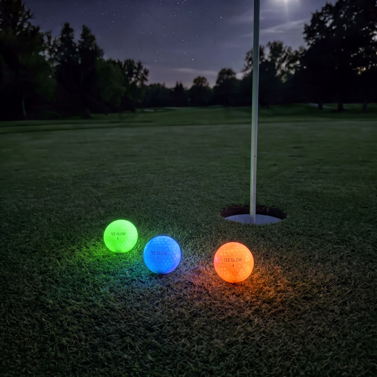 Three glowing golf balls on the green
